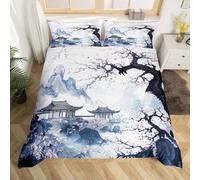 Homewish Japanese Style Duvet Cover Double Size, Aesthetic Cherry Blossom Floral Bedding Set for Kids Teens Adults, Vintage Oriental Chinese Quilt Cover, Ink Painting Landscape Print Bed Sets