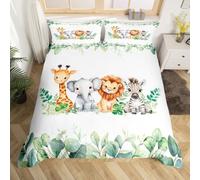 Homewish Jungle Animal Cot Bedding Set for Kids Girls Baby Green Botanical Eucalyptus Palm Leaves Duvet Cover for Boys Nursery | Giraffe Elephant Quilt Cover Zebra Lion Safari Animal Bed Sets