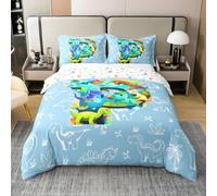 Homewish Jungle Animals Dino Bedding Set Single Cartoon Initial Letter P Cotton Duvet Cover Cute Dinosaurs Comforter Cover For Kids Boys Girls Adults 3D Dinosaur Bed Set 2 Pcs