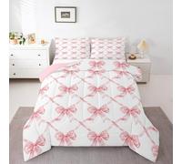 Homewish Kawaii Bowknot Single Coverless Duvet For Kids Girls Teen,Cute Girly Bow Bedding Set Pink Bow Duvet Set Watercolor Bow Tie Plaid Quilt Duvet 1 Pillow Case, Microfiber Soft