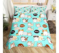 Homewish Kawaii Cat Double Duvet Cover for Boys Girls Cute Kitten Pet Bedding Set, Blue Bed Set Super Cozy 3 Pieces, Duvet Cover + Pillowcase