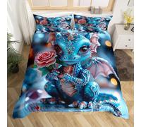 Homewish Kawaii Dragon Single Bedding Sets for Kids Boys Girls Cartoon Dragon Duvet Cover,Cute Animal Bed Cover Girls Floral Flower Bed Set Dragon Theme Bedroom Set,Breathable 2pcs (No Comforter)