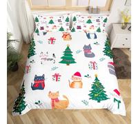 Homewish Kawaii Little Cat Duvet Cover Set Christmas Tree Double Size Bedding Sets, Cute Xmas Kitten Quilt Cover Cartoon Pet Animal Bed Set,White