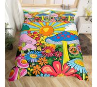 Homewish Kawaii Mushroom Single Duvet Cover Boho Sun Comforter Cover Hippie Groovy Floral Bedding Set 60s 70s Retro Vintage Theme Quilt Cover Chic Daisy Flower Geometric Striped Decor