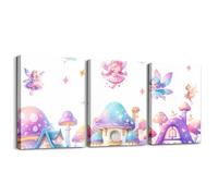 Homewish Kawaii Princess Canvas Wall Art Purple Blue Pink Paintings Posters,Fairy Princess Wall Decor Framed 12"X 16"X 3 Panel Cute Garden Mushroom House Pictures Prints For Bedroom Bathroom