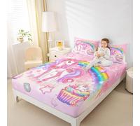 Homewish Kawaii Rainbow Unicorn Double Sheet Set For Girls,Cute Cartoon Animal Bedding Set Sweet Dessert Unicorn Bed Sheets Dreamy Princess Style Bed Sheet Set 4 Piece For Kids Teen Women