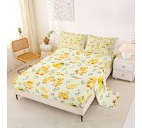 Homewish Kawaii Yellow Duck Bedding Set Double Cute Cartoon Rubber Duck Bed Sheets Rustic Daisy Floral Sheet Set - Summer Fruit Lemon Fitted Top Sheets 4 Piece