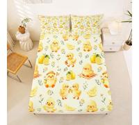 Homewish Kawaii Yellow Duck Bedding Set Single Cute Cartoon Rubber Duck Fitted Sheet Rustic Daisy Floral Bed Sheets for Kids Teens Girls,Summer Fruit Lemon Bed Cover 2 Pcs
