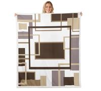 Homewish Khaki Square Geometric Blanket 39x51 Inches - Abstract Striped Fleece Blanket for Teens Adults - Modern Patchwork Throws - Khaki White Geometric Sofa Throw Microfiber