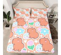Homewish Kids Capybara Fitted Sheet Double Size Cartoon Brown Capybaras Bed Sheets for Kids Teens Boys Girls Pink Strawberry Milk Bedding Set Cute Pink and Blue Flowers Sheets Kawaii Room Decor 3Pcs