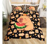 Homewish Kids Cartoon Capybara Bedding Set Single, Capybara Eating Watermelon Bed Set For Girls Boys Teens Women Kawaii Room Decor, Rodent Animal Duvet Cover, Pink Love Heart Black Comforter Cover