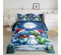 Homewish Kids Christmas Dinosaur Duvet Set Single Boys Christmas Snowman Bedding Set Cute Xmas Dion Coverless Duvet,Winter Holiday Snowflake Quilt Duvet 1 Pillow Case, Microfiber Soft