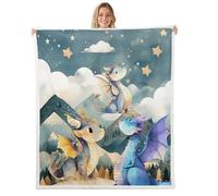 Homewish Kids Cute Dragon Fleece Blanket Queen 90"x90" Mountain Tree Sherpa Blanket Cartoon Kawaii Dino Fuzzy Plush Throw - Clouds Blue Gold Bedclothes Room Decor Decor for Bed Couch