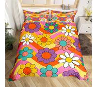 Homewish Kids Cute Flowers Comforter Cover Double Girls Colorful Groovy Floral Bedding Set Groovy Room Decor Rainbow Stripes Duvet Cover 60S 70S Hippie Bed Set With 2 Pillow Cases