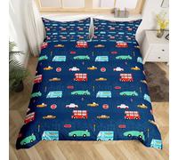 Homewish Kids Cute Super King Size Duvet Cover Sets 3 Pieces, Cartoon Car Bedding Sets for Boys Girls Teens, Navy Reversible Quilt Cover, Colorful Vehicles Print Bed Set, Microfibre Soft