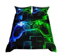 Homewish Kids Gamer Duvet Cover Double, Boys Gaming Bedding Set Blue Green Game Room Decor, Galaxy Video Games Gamepad Quilt Cover Neon Square Geometric Grid Bed Sets with 2 Pillowcases