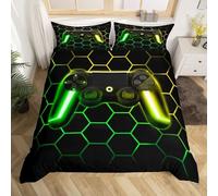 Homewish Kids Gamer Single Duvet Cover Set for Boys, Modern Neon Gaming Bedding for Teenage Boy, Game Controller Quilt Cover, Yellow Green Geometric Honeycomb Bed Sets, Black Reversible