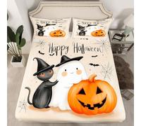 Homewish Kids Happy Halloween Bed Sheets Double Cute Ghost Pumpkin Decor Fitted Sheet Black Cat Bedding Set for Kids Teens Girls, Halloween Bats Decorations Bed Cover 3 Pcs