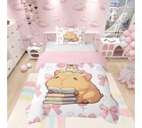 Homewish Kids Kawaii Capybara Duvet Cover Set Girls Pink Bow Single Bedding - Cute Cartoon Capybara Animal Quilt Cover Princess Style Bowknot Flower Bed Set with Pink Reverse - 1 Pillowcase