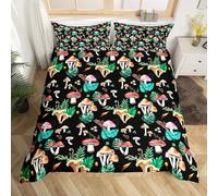 Homewish Kids Mushroom Duvet Cover Super King Size, Luxury Aesthetic Polyester Bedding Set for Teens Adults, Retro Botanical Wild Plants Print Quilt Cover, Green Palm Leaves Bed Sets, Black