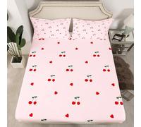 Homewish Kids Red Cherry Bedding Set Single for Kids Teens Adults,Cute Cherry Pattern Fitted Sheet,Yummy Fruit Love Hearts Bed Sheets,Pink Red Bed Cover 2 PcsDecor
