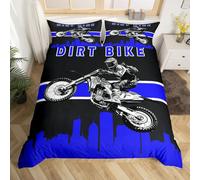 Homewish Kids Teens Sports Duvet Cover Double for Boys Girls Cool Motocross Rider Bedding Sets, Black Navy Blue Comforter Cover Modern City Silhouette Bed Set Dirt Bike Bedding Microfiber 3pcs
