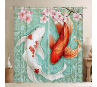 Homewish Koi Fish Blackout Curtains for Living Room, Red Carp Window Curtains 2 panel Sets 46 x 72 Inch,Pink Cherry Blossom Japanese Style Japan Ukiyoe Flowers Window Treatments Drapes