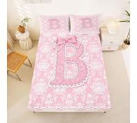 Homewish Lace Pink Initial Letter B Bowknot Fitted Sheet King Love Hearts Girls Kids Alphabet Bed Sheets Bow Flowers Coquette Bedding Set,Princess Warm Soft Bedclothes Bed Cover 3 Pcs
