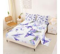 Homewish Lavender Butterfly Bedding Set Single Watercolor purple butterfly Bed Sheets Lavender Flowers Sheet Set - groovy elegant florals Fitted Top Sheets 3 Piece