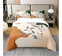 Homewish Leaves 100% Cotton Duvet Cover Super King Size Orange Green Bedding Set for Kids Boys Girls Retro Exotic Modern Art Abstract Green Brown Quilt Cover Plant Bedroom Decor Comforter Cover