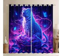 Homewish Leopard Curtains for Living Room,Purple Flower Butterfly Curtains & Drapes Cheetah Print Jungle Big Cat Blackout Curtains 2 Panels 66x90,Woodland Animals Window Curtains