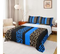 Homewish Leopard Print Kids Bed Sheet Set Double 4 Piece | Navy Blue Abstract Stripes Flat Fitted Sheet with 2 Pillowcases Wild Animal Cheetah Skin Sheets All Seasons Bedding