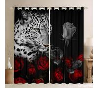 Homewish Leopard Window Curtains for Bedroom,Red Rose 30%-50% Blackout Curtains, Safari Animals Curtains & Drapes Rose Floral Cheetah Jungle Wildlife Print Window Treatments 66" Wx72 L Black White