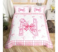 Homewish Letter Alphabet N Bedding Set Cute Princess Bow Comforter Cover Super King,Pink Coquette Monogrammed Duvet Cover For Kids Boys Girls Adults Dreamy Personalized For Women Men Bed Set
