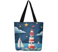 Homewish Lighthouse Nautical Canvas Tote Bag for Women,Ocean Waves Sailing Boat Tote Bag,Starry Sky Sailboat Shoulder Handbag with Pocket