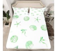 Homewish Lime Green Marine Animals Themed Bedding Set Double Seashell Starfish Bowknot Fitted Sheet Bow Coastal Bed Sheets,For Kids Women Girls,Ocean Underwater Life Bow Tie Bed Cover 3 Pcs