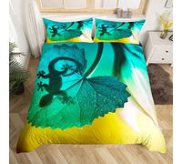 Homewish Lizard Comforter Cover Gradient Teal Blue Green Tree Leaf Duvet Cover For Kids Child Boys Girls Southwest Animal Bedding Set Double,Wild Safari Theme Kawaii Reptile Room Decor