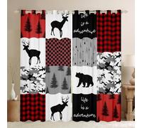 Homewish Lodge Cabin Blackout Curtains for Bedroom, Deer Grizzly Bear Window Curtains 2 panel Sets 52 x 90 Inch,Blue Buffalo Plaid Decor Rustic Woodland Pine Trees Farmhouse Window Treatments Drapes