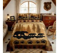 Homewish Lodge Cabin Comforter Set Full Size,3 Pcs,Black Bear Silhouette Paw Print Bedding Set for Teens Adults,Jungle Trees Animals Retro Grid Comforter Duvet Set with 2 Pillowcases