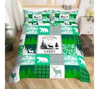 Homewish Lodge Cabin Duvet Cover Set Grizzly Bear Deer Double Size Bedding Sets, Green Buffalo Plaid Decor Rustic Quilt Cover Woodland Pine Trees Farmhouse Bed Set