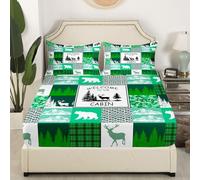 Homewish Lodge Cabin Sheet Set Grizzly Bear Deer Double Size Bed Sheets, Green Buffalo Plaid Decor Rustic Woodland Pine Trees Farmhouse Bedding Set
