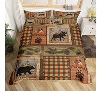 Homewish Lodge Duvet Cover King, Bear Moose Deer Bedding Set Bedroom Decor | Rustic Countryside Hunting Quilt Cover with 2 Pillowcases, Retro Patchwork Buffalo Plaid Bed Sets for Men