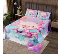 Homewish Lovely Axolotl Sealife Salamander Quilt Set King Set for Kids Girls Boys, Cute Pet Blue Ocean Newt Print Bedspread Sea Animal Coverlet, Rainbow Balloon Milk Tea Decor Bedding Quilted