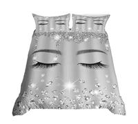 Homewish Luxury Bedding Double Bed Set Grey Ombre Duvet Cover Set Sparkling Diamond Pattern Comforter Cover for Girls Teens Adults,Black Eyelash Print Duvet Cover Set Giltter Sequins Gifts for Women