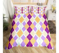 Homewish Luxury Geometric Single Duvet Cover Set - Purple Orange Diamond Patchwork Design Bedding with 1 Pillowcase - Classic Diamond Pattern Microfiber Quilt Cover Stylish Art Deco Bed Sets