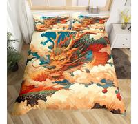 Homewish Magic Dragon Duvet Cover Super King Oriental Asian Style Bedding Set, Eastern Ancient Animal Comforter Cover Japanese Themed Bed Set, Watercolor Cloud Bedroom Set (Zipper Closure)