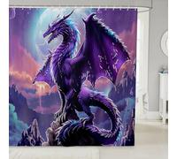 Homewish Magical Dragon Shower Curtain 3D Dragon Waterproof Bathroom Curtain, Purple Galaxy Bath Curtain Magic Animal Wildlife Shower Curtain Set, Dragon Theme Bathroom Accessories