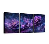 Homewish Magical Dragon Wall Art Romance Purple Dragon Canvas Wall Art Rose Flowers Paintings Wall Decor Galaxy Stars Mysterious Illustration Artwork Aesthetic Pictures for Living Room Bedroom