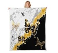 Homewish Marble Pattern Fuzzy Plush Throw Butterfly Fleece Blanket Gilded Ink Splash Glitter Sherpa Blanket - Black Gold Butterflies Decor for Bed Couch Queen 90"x90"