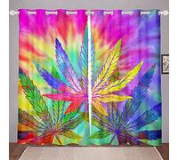 Homewish Marijuana Leaf Window Curtains 66"X72" Botanical Curtains Weed Decor Tropical Window Treatment Spiral Swirl Tie Dye Draperies For Teens Hippie Trippy Boho Bedroom Decor Purple
